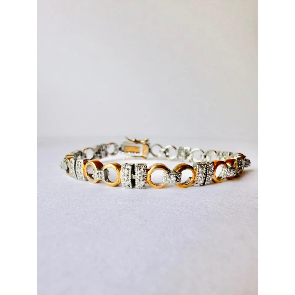 Sterling Silver 925 Two Tone Gold Plated Pave Stone Link Bracelet 7.5